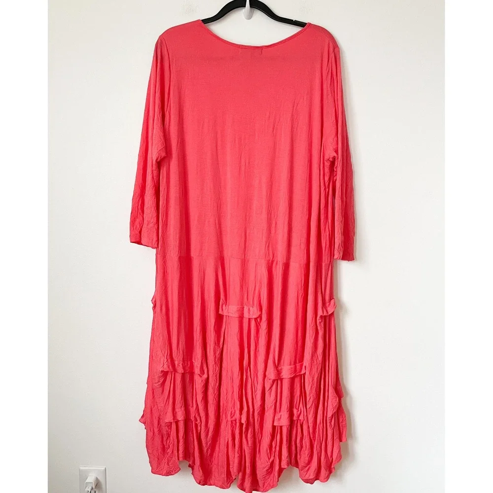 Comfy USA Coral Crinkle Scoop Neck Tiered 3/4 Sleeve Dress Womens 2X